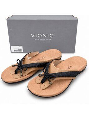 Vionic Bella Orthotic Floral Embossed Leather Toe Post Sandal Black Womens 9.5 N